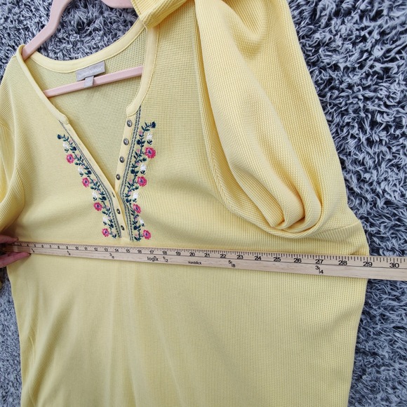 Woman Within Women Cottagecore Boho Embroidered Henley Top 3X Yellow Waffle Knit - Picture 2 of 16